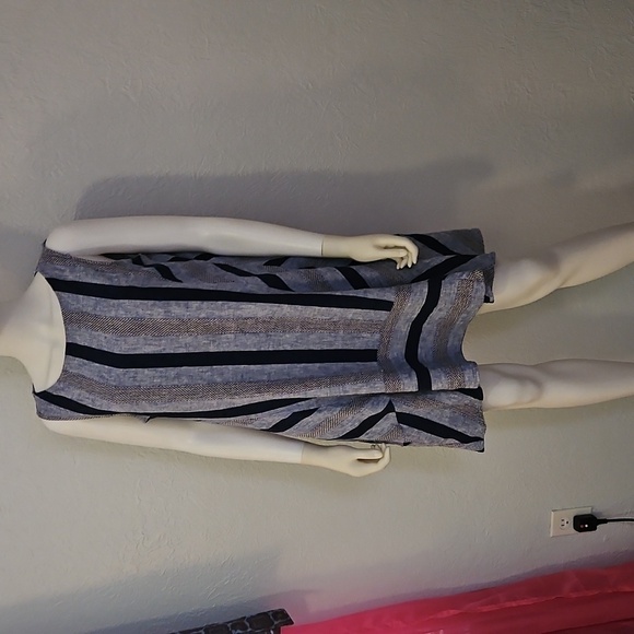 FOR CYNTHIA Blue Striped Linen Tweed Sleeveless Mod Tank Dress - Picture 4 of 11